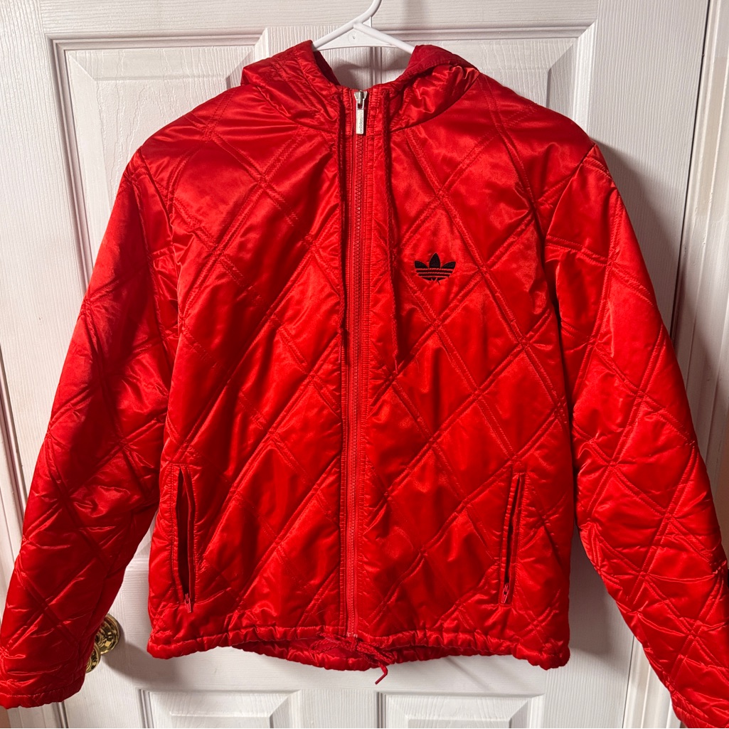 Vintage Adidas Red Hooded Quilted Windbreaker Jacket